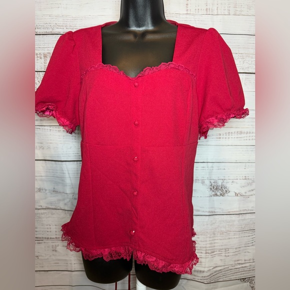 Red Button-Up Top with Lace Trim and Corset Back - Picture 1 of 2